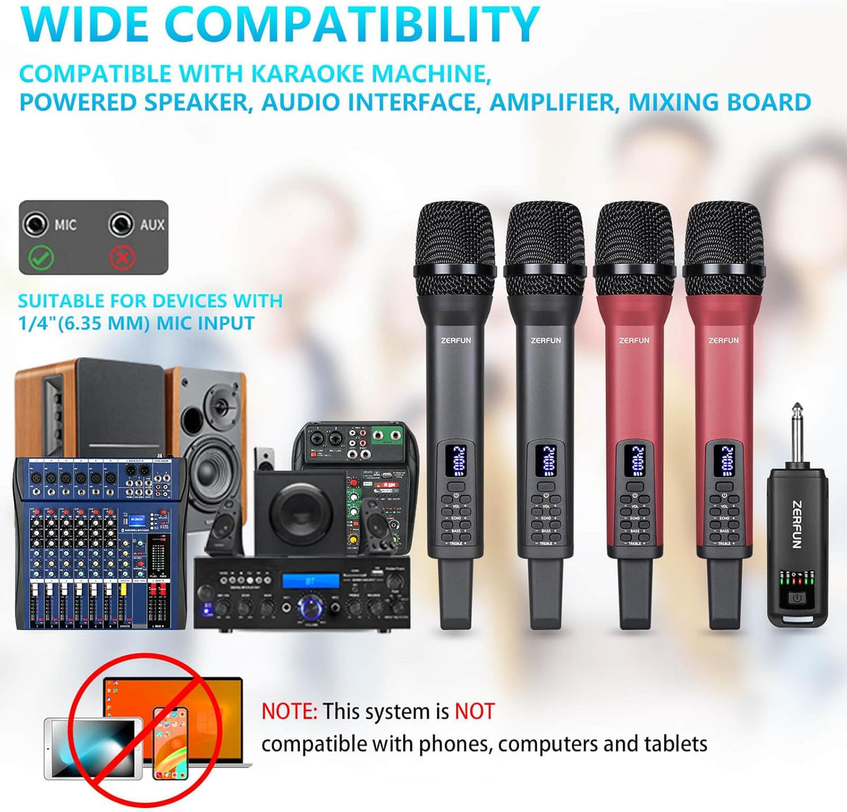 4 Rechargeable Wireless Microphones, Pro Handheld Cordless Mics System with Echo Treble BASS VOL