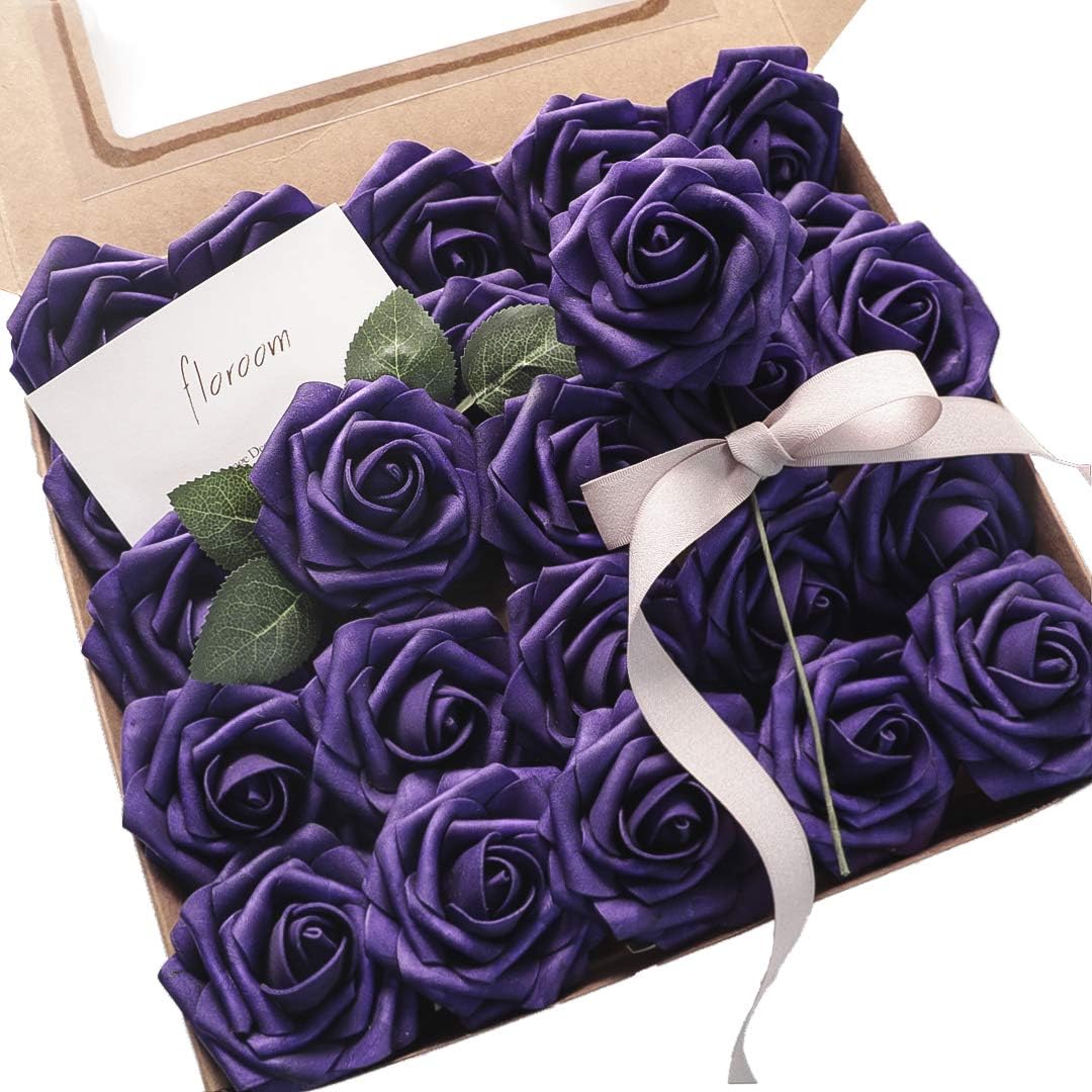Floroom Artificial Flowers 50pcs Real Looking Dark Purple Foam Fake Roses with Stems for DIY