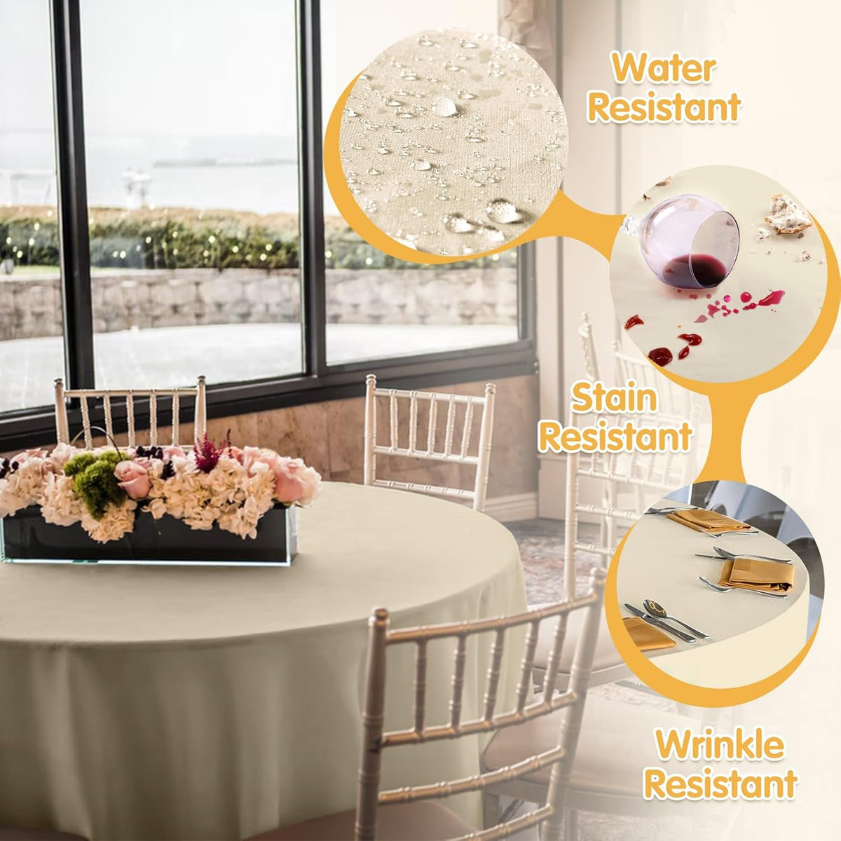 BRILLMAX 6 Pack Beige Round Tablecloths 120 Inch - Circle Bulk Linen Polyester Fabric Washable