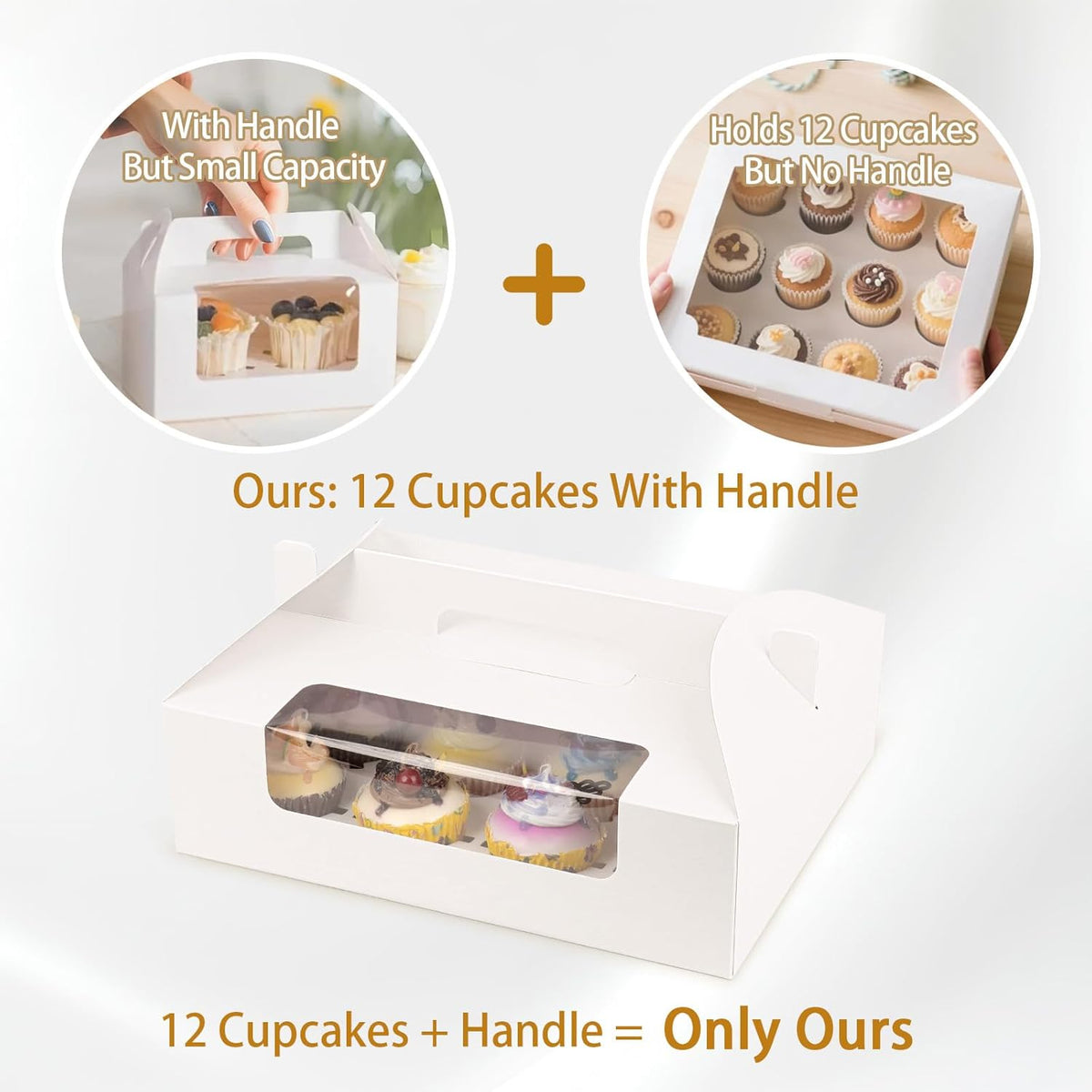 White Cupcake Boxes 12 Count, 30 Pcs Cupcake Containers with Handle, Window, and Inserts – Holds