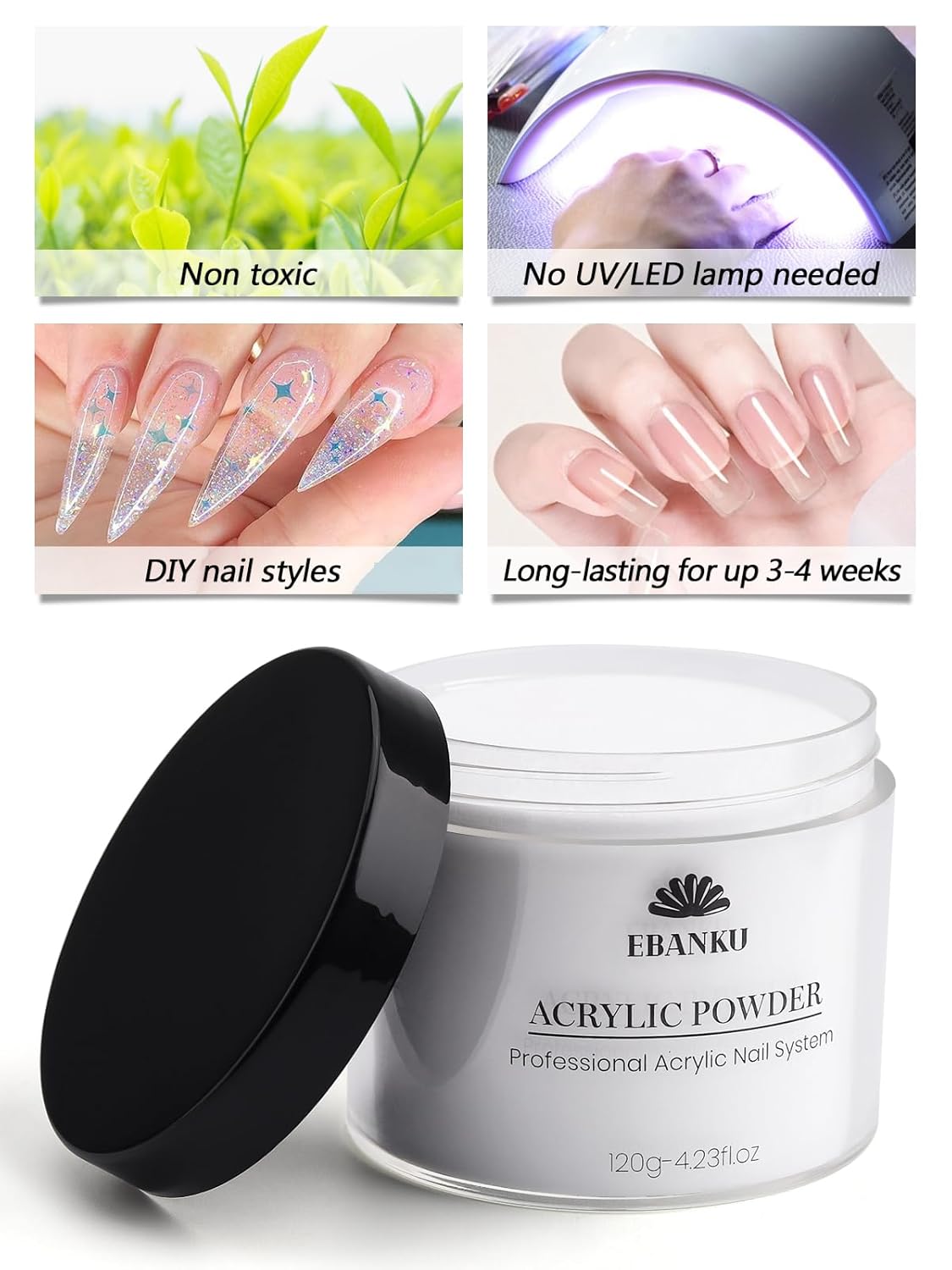 EBANKU Clear Acrylic Powder, 120g/4.23oz - Professional Nail Powder for Extension, Carving