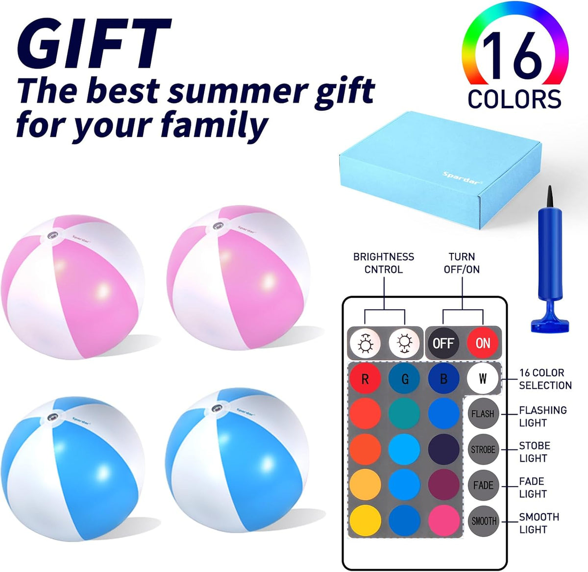 Spardar LED Beach Balls, 4 Pack 16 Inch Light up Beach Balls with Remote Control, Balloon Pump, 16