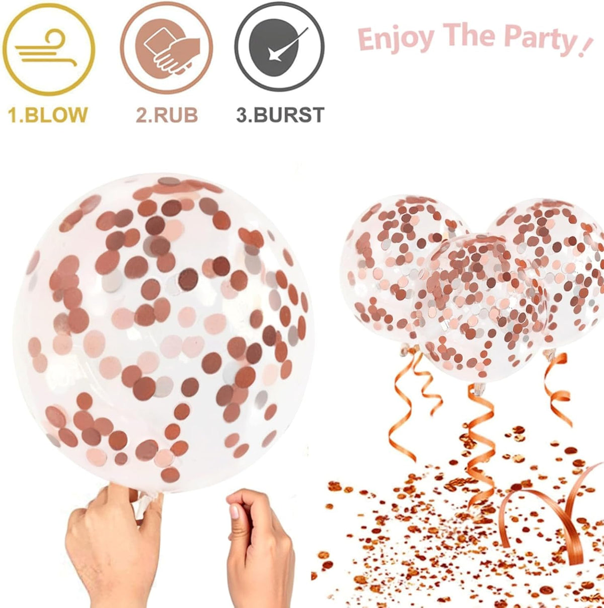 Rose Gold Confetti Balloons, 50pcs 12 Inch Metallic Confetti White and Rose Gold Latex Balloons