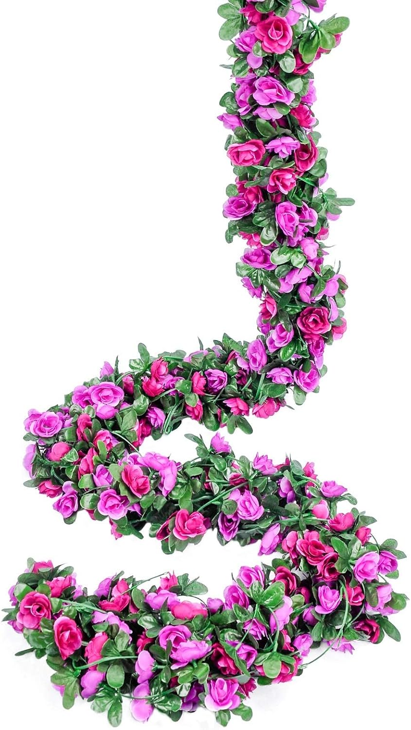 Miracliy 9Pcs 74FT Purple Flower Garland Artificial Rose Arch Vines Fake Spring Floral Garland for