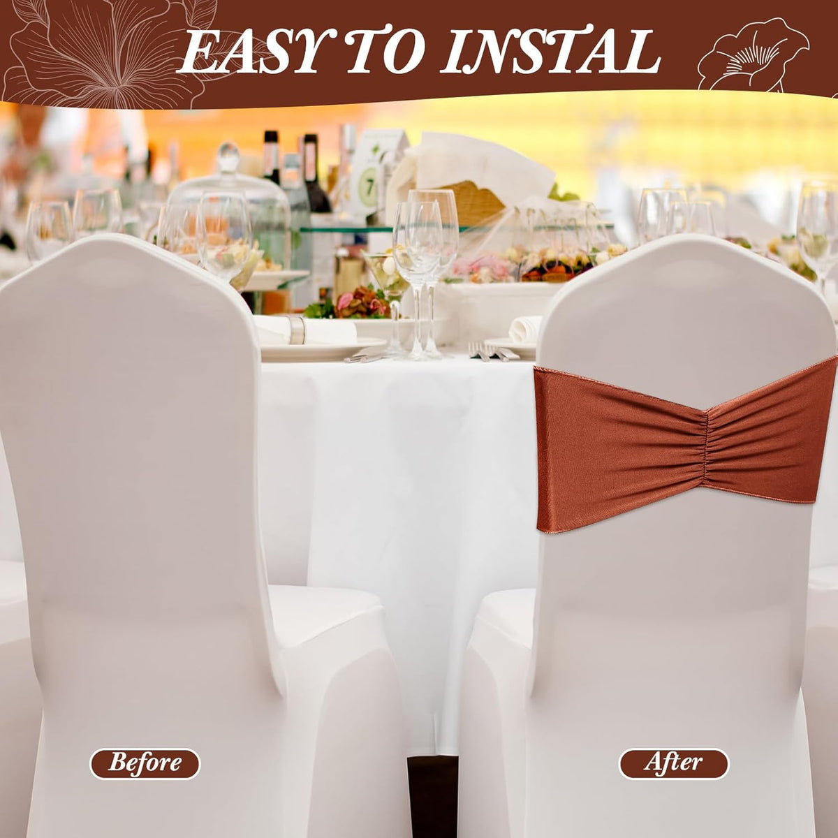 Moukeren 100 Pcs Spandex Chair Sashes Bows Bands Slider Sashes for Chair Covers Elastic Bands Ties
