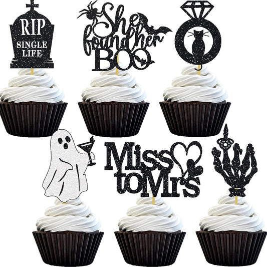 Halloween Bachelorette Cupcake Topper She Found Her Boo Rip Single Life Miss To Mrs Ring Cat Skull