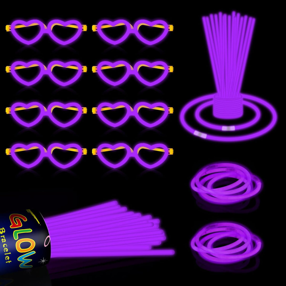 60 Pack 8” Purple Glow Sticks Bulk Bright Glow Sticks with 60 Connectors 20 Heart Glasses Glow In