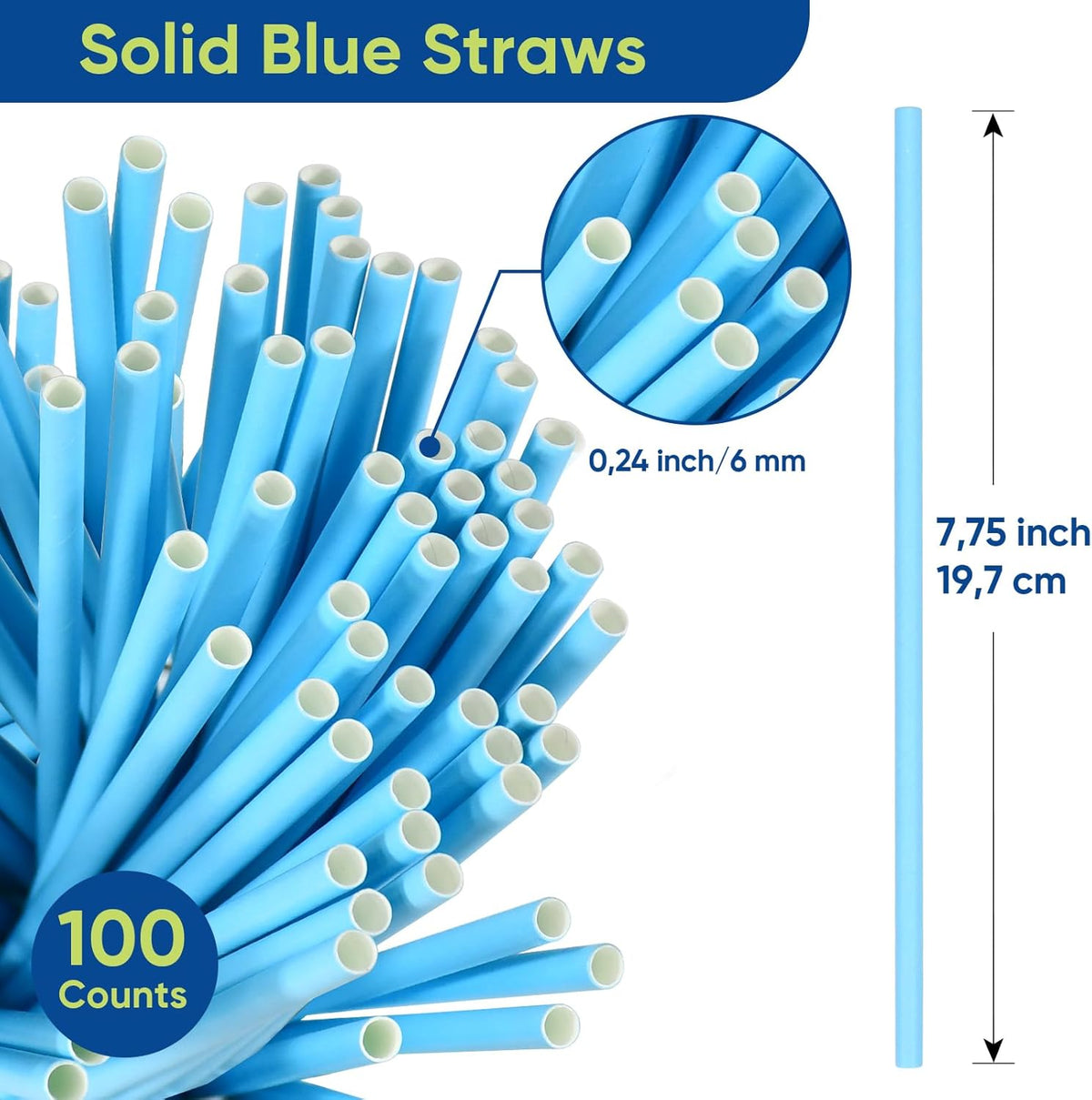 7.75'' x 0.24'' Disposable Solid Blue Unwrapped Paper Straws for Drinking 100 Counts - for