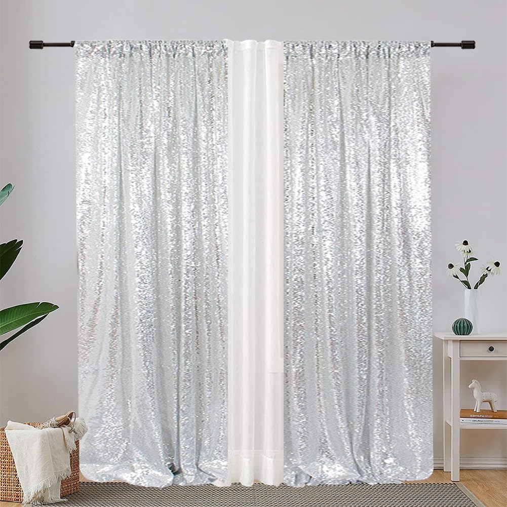 Eternal Beauty Sequin Backdrop Curtains, 2x8 Ft-2 Panels Silver Back Drop for Shimmer Photography