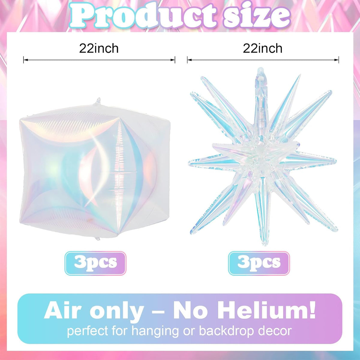 6Pcs Iridescent Foil Balloons, 22in Square Foil Balloons and Explosion Star Iridescent Balloon