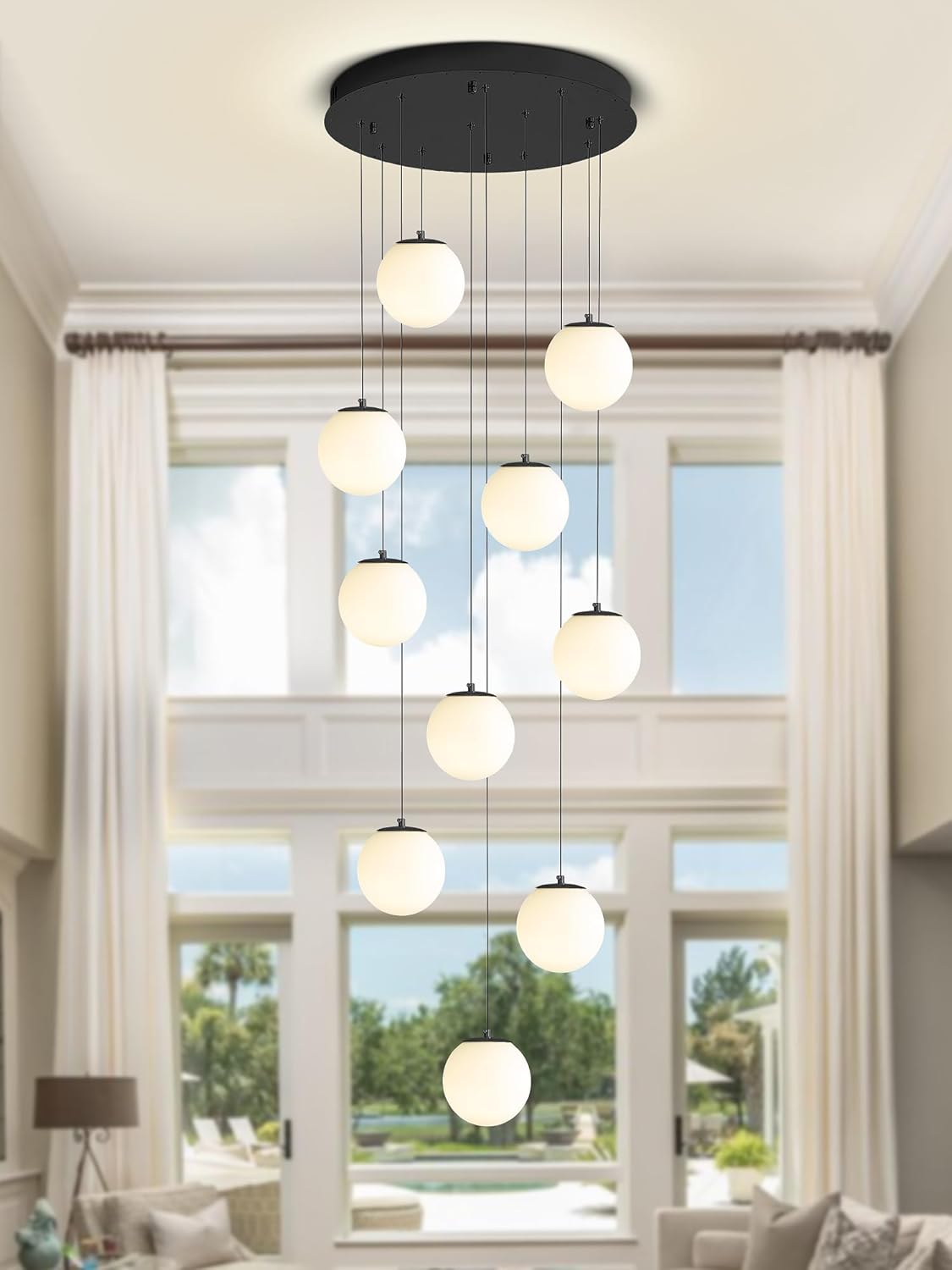 H118 Large Chandeliers for High Ceilings,12-Lights Mid Century Globe Chandelier Black Modern Globe