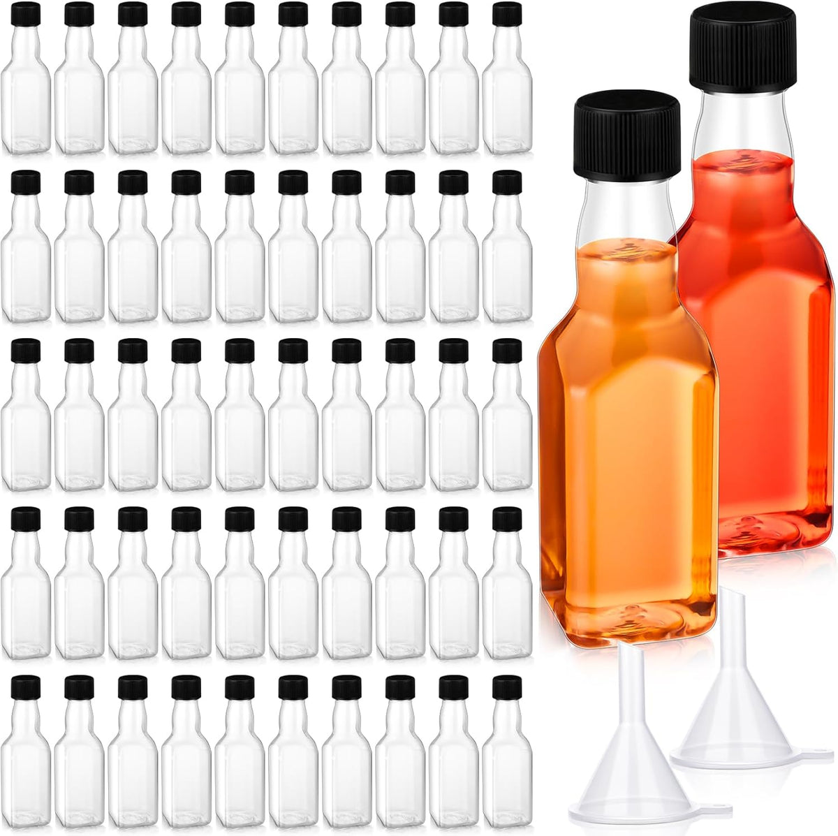 Havawish 50 Pack 1.7 oz Square Mini Liquor Bottles with Funnels and Black Plastic Caps Reusable