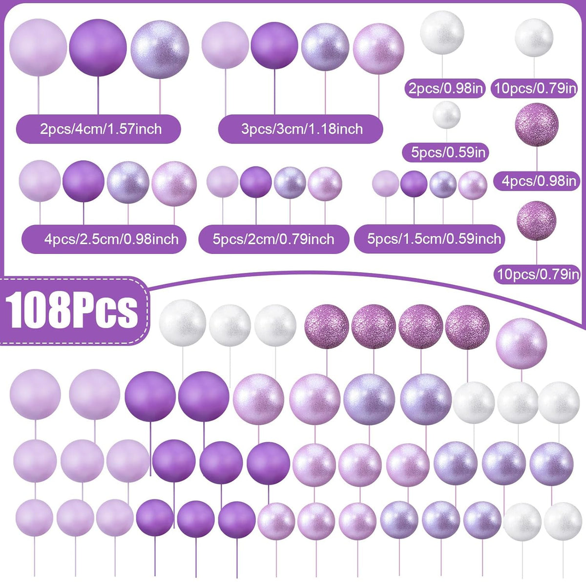 108 Pcs Balls Cake Topper DIY Cupcake Insert Foam Balloons for Cake Baking Wedding Anniversary