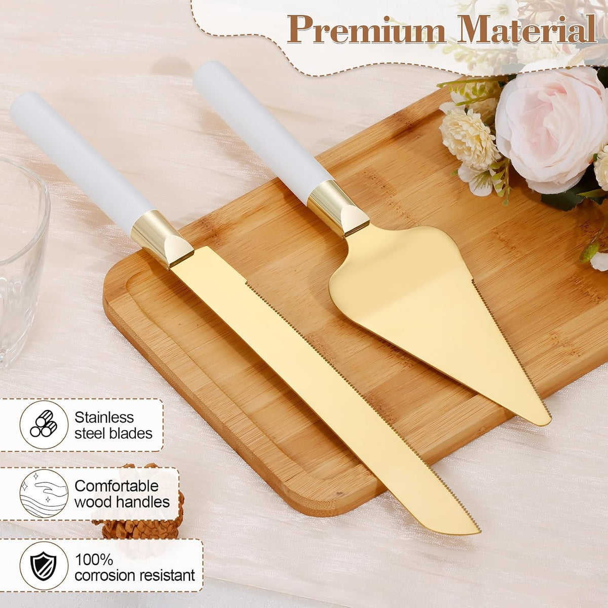 Gold Cake Cutting Set for Wedding, Wood Cake Knife & Server Set, Vintage 2-Piece Pie Cutter Serving
