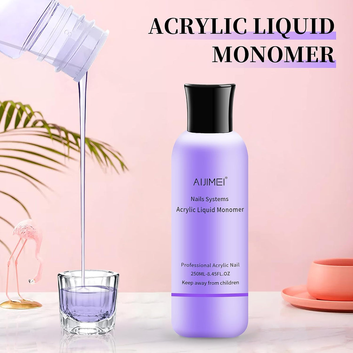 AIJIMEI Acrylic Liquid Monomer 250ML/8.5FL.OZ with 3PCS Acrylic Nail Brushes for Acrylic Powder