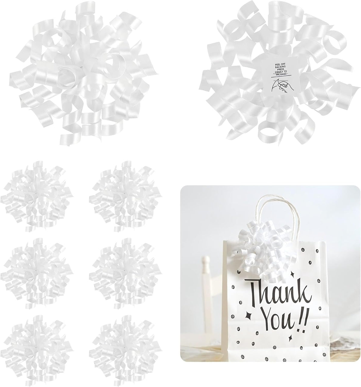5 Inch White Gift Bow Curly Ribbon Bows Set of 8, Double Faced Satin Ribbon Bow Premade Self