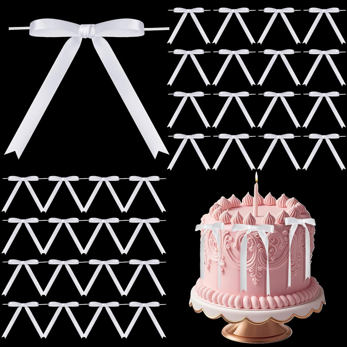 Riceshoot 50 Pcs Twist Tie Bows for Cake 3x4.5 Inch Satin Ribbon Bows for Gift Wrapping Treat Bags