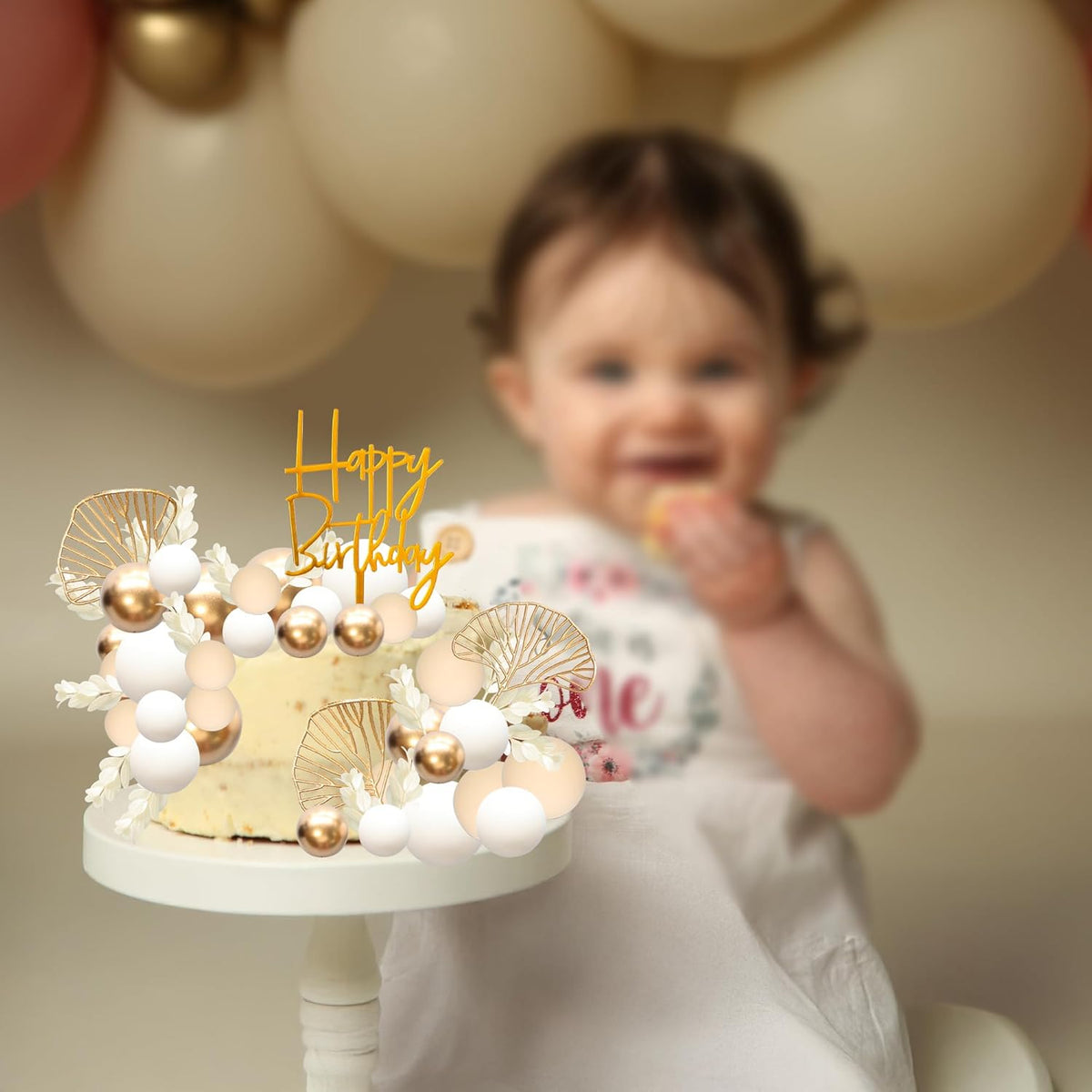 Gyufise 57Pcs Khaki Balls Cake Topper Boho Grass Cake topper Pearl Balls Acrylic Happy Birthday