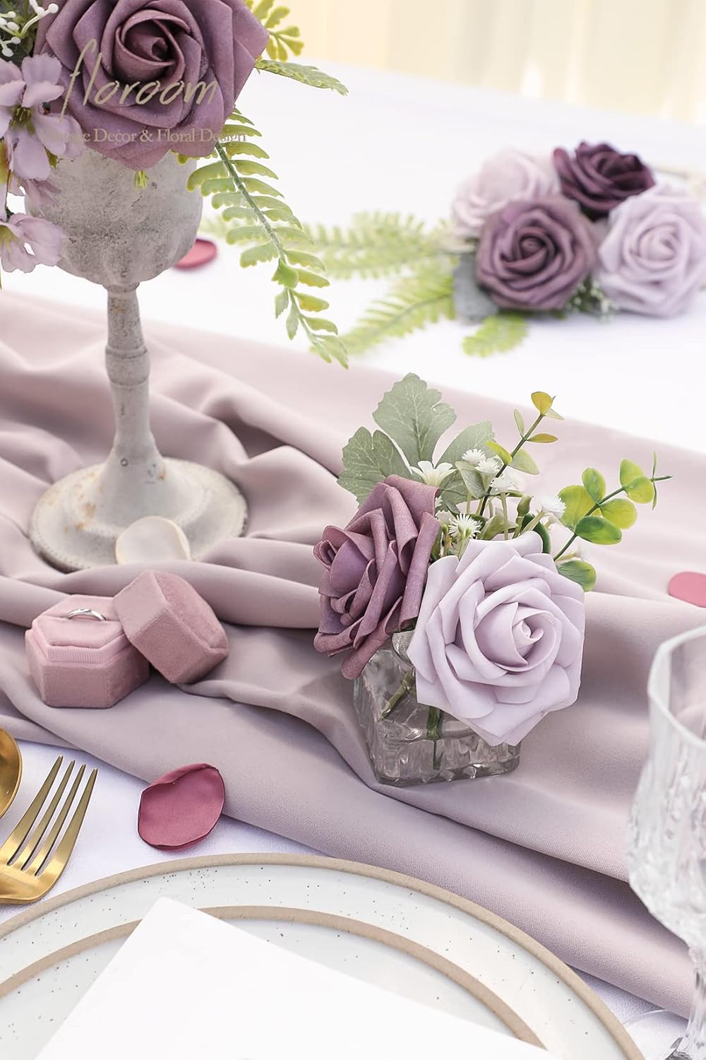 Floroom Artificial Flowers 25pcs Real Looking Plum Ombre Colors Foam Fake Roses with Stems for DIY