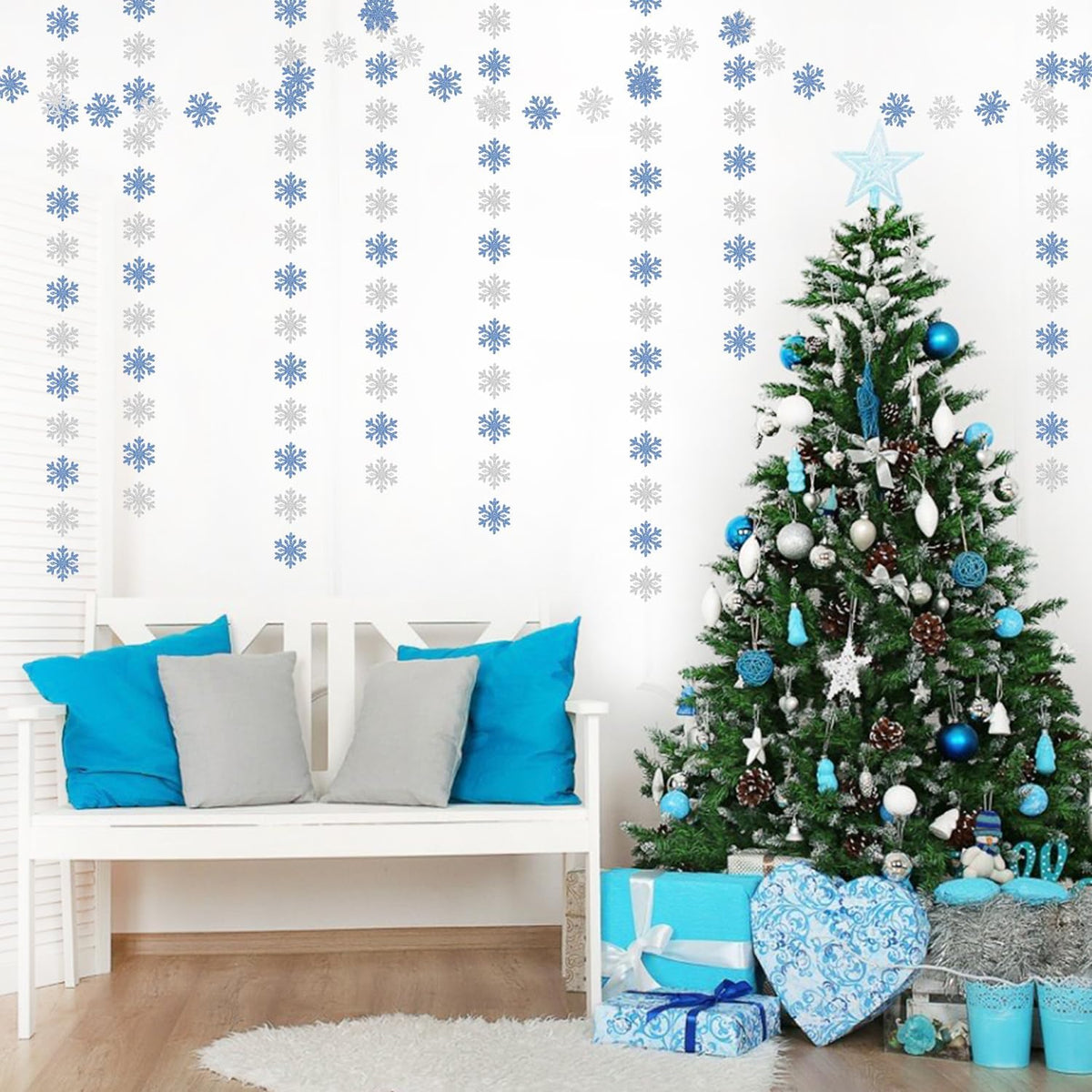 Snowflake-Snow Blue-Silver Christmas Party-Decoration Garland - 52ft Winter Wonderland Frozen