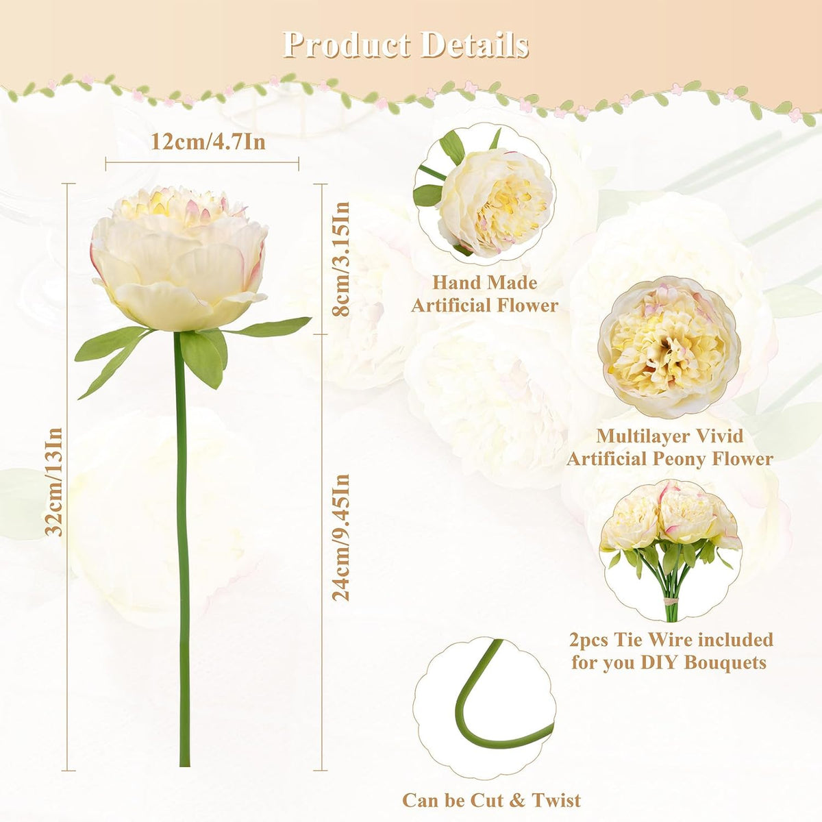 U'Artlines 2 Bouquet 10 Heads Artificial Peony Silk Flower Leaf Home Office Wedding Party Festival