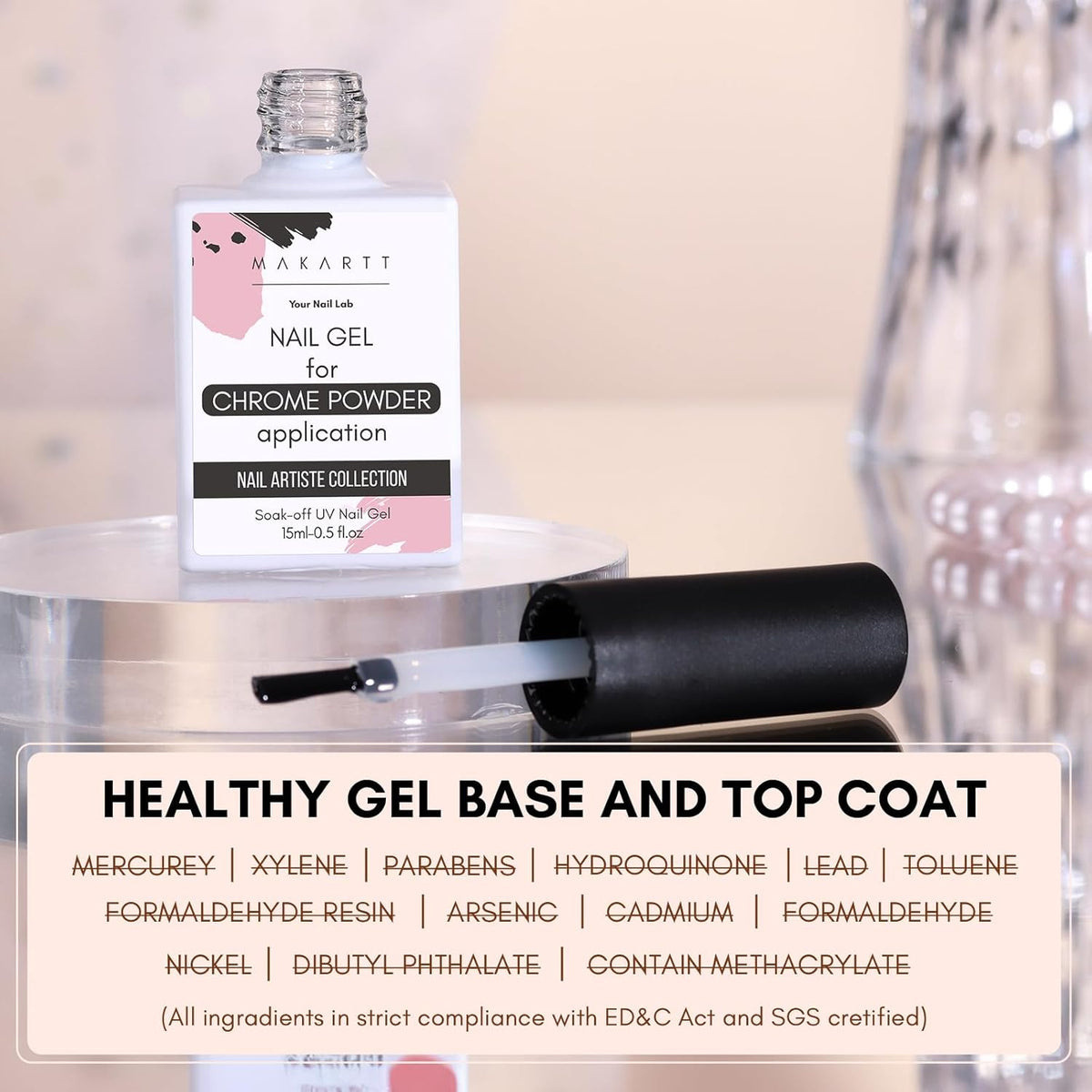 Makartt Gel Top Coat for Chrome Nail Powder - 15ml Clear No Wipe High Gloss Top Coat Gel Nail