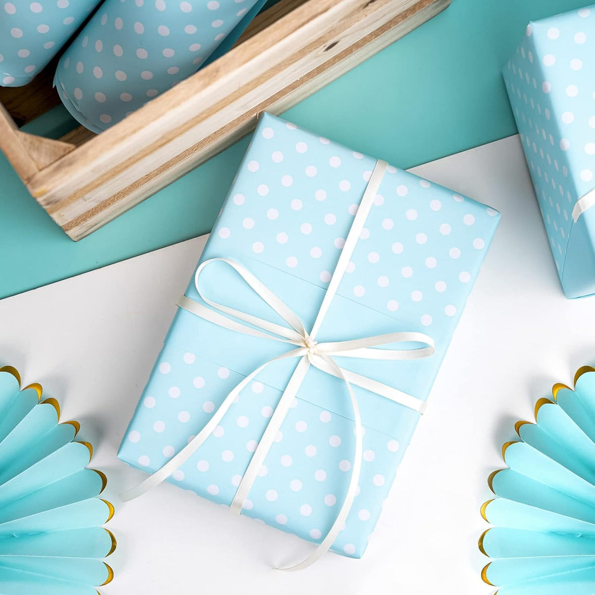 WRAPAHOLIC Reversible Wrapping Paper - Mini Roll - 17 Inch X 33 Feet - Baby Blue and Polka Dot
