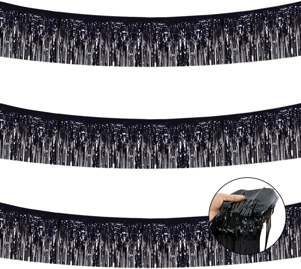 BEISHIDA 3 Packs Metallic Foil Fringe Garland Black Wall Hanging Tinsel Fringe Banners for Car