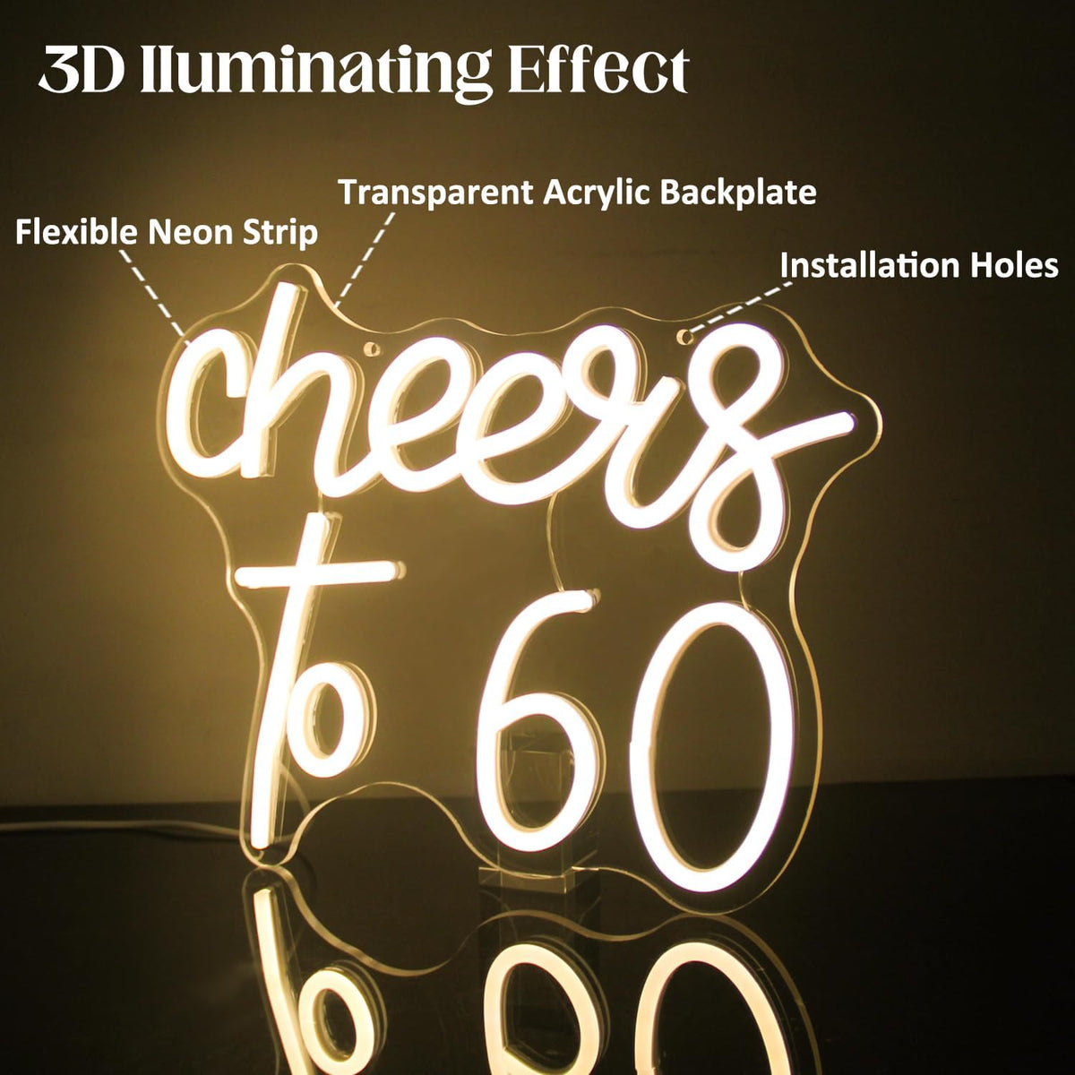 Cheers to 60 Neon Sign - 60th Birthday LED Neon Lights - Warm White - Happy Birthday Signs for Wall