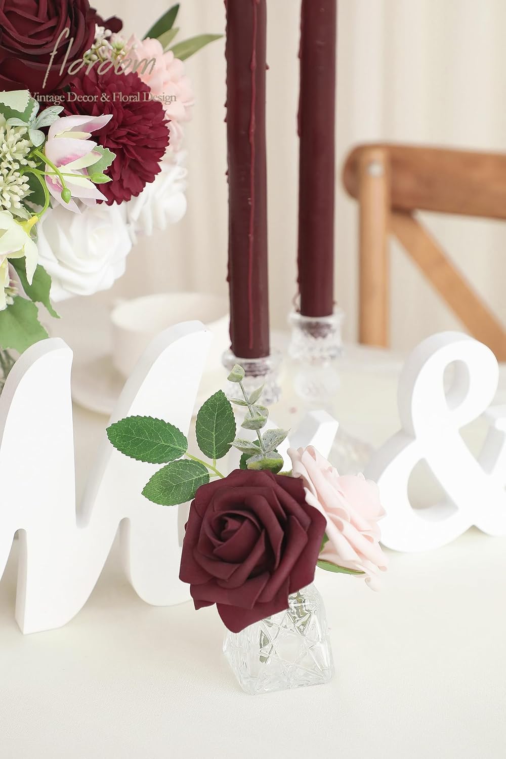 Floroom Burgundy Artificial Flowers Marsala Fake Roses Peonies Dahlia Greenery Combo Box Set for