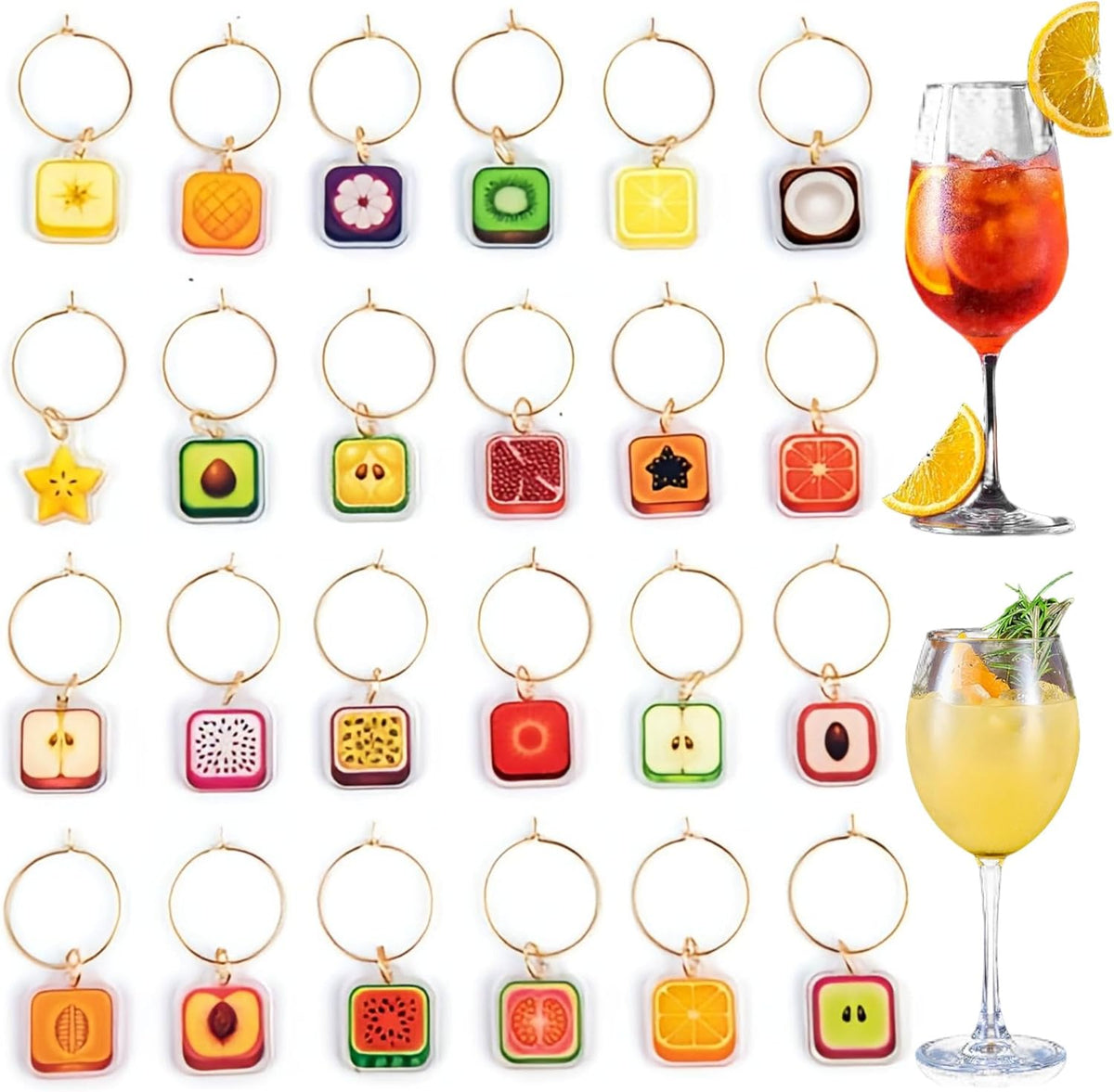 24Pcs Wine Glass Charms & Markers - Reusable Identifier Tags for Stem Glasses - Funny Non-Scratch