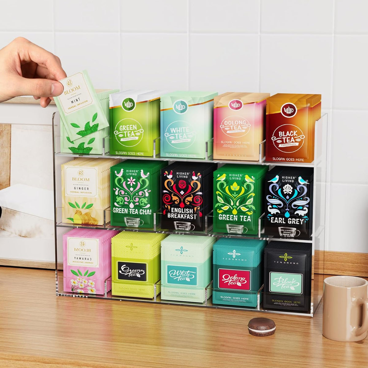 Acrylic Tea Bag Organizer, 3 Layers Tea Bag Holder for Tea Packets, No Assembly Required, Wall
