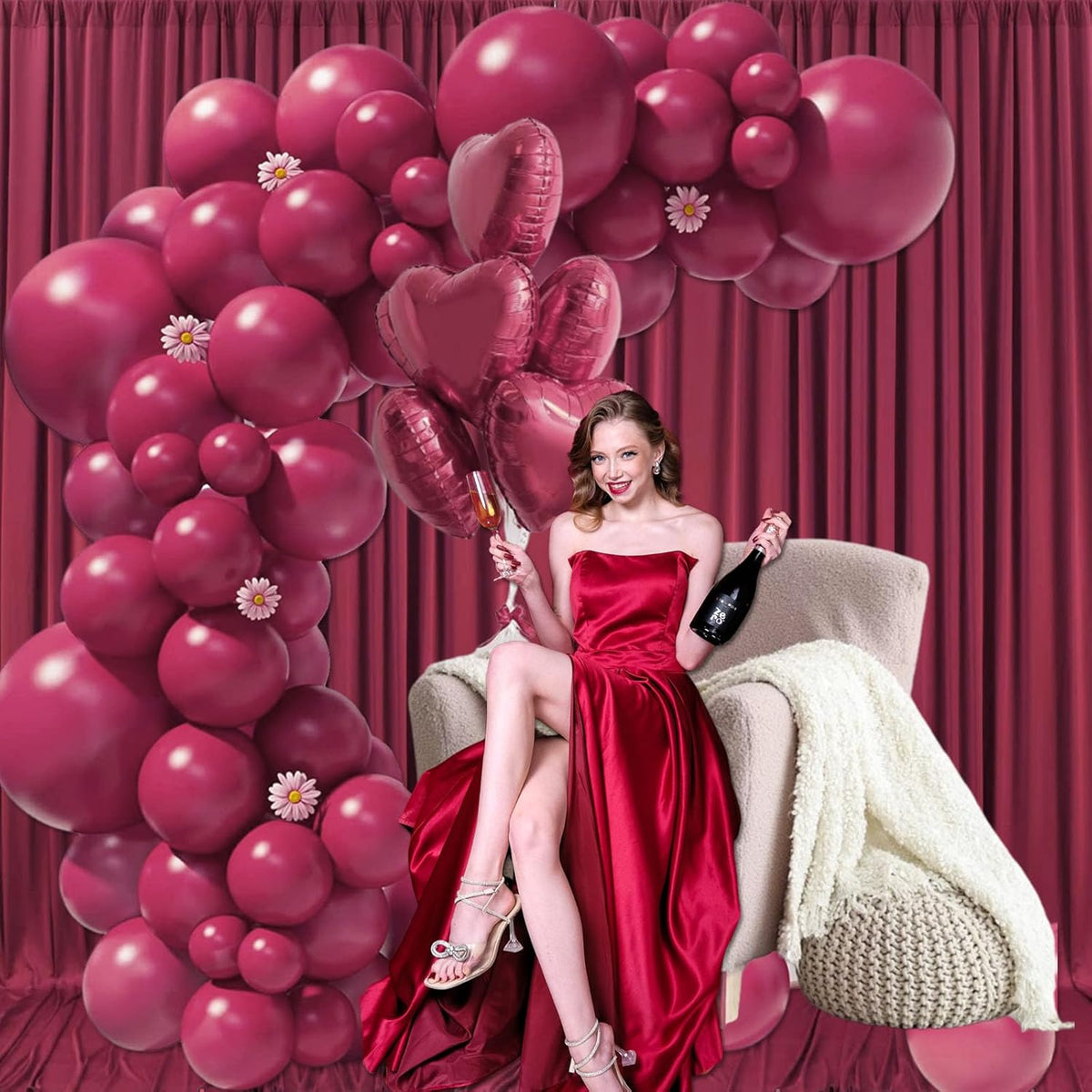 10ft x 10ft Burgundy Backdrop Curtains for Parties, Fabric Satin Background Curtain with Rod