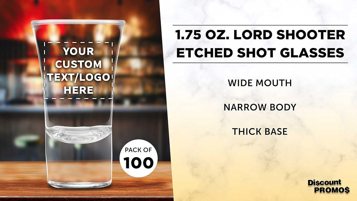 Custom 2 oz. Lord Shooter Etched Shot Glasses, 100 pack, Personalized Text, Logo, 21st Birthday