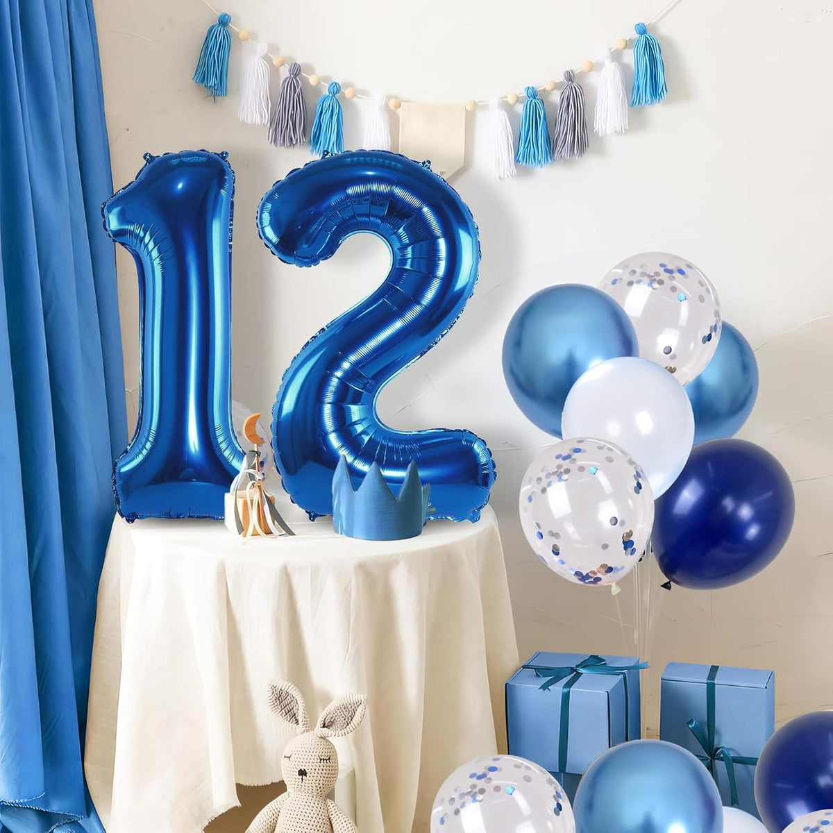 Navy Blue 12th Birthday Giant Self Inflating Number 12 Balloon, Metallic Dark Blue Silver Confetti