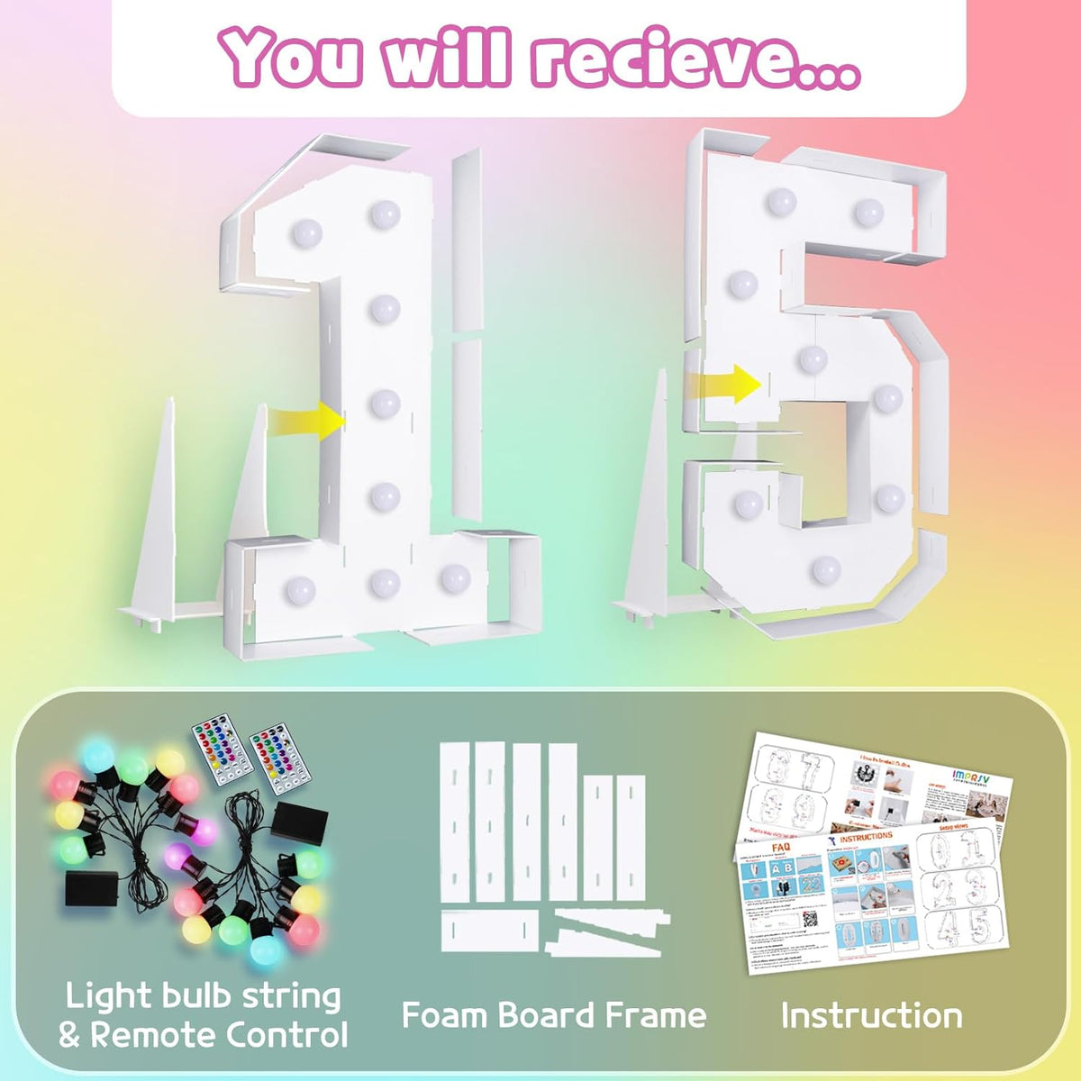 Marquee Numbers 15th-Birthday Decoration: Colorful 4FT Large Light Up Quinceanera Birthday