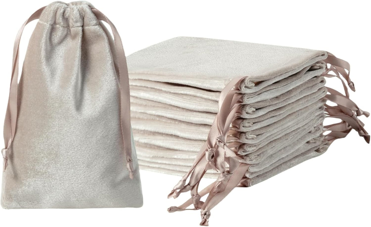 QIANF 12pcs Light Champagne Velvet Drawstring Bags 4x6 inches Glossy Small Velvet Cloth Gift Bags
