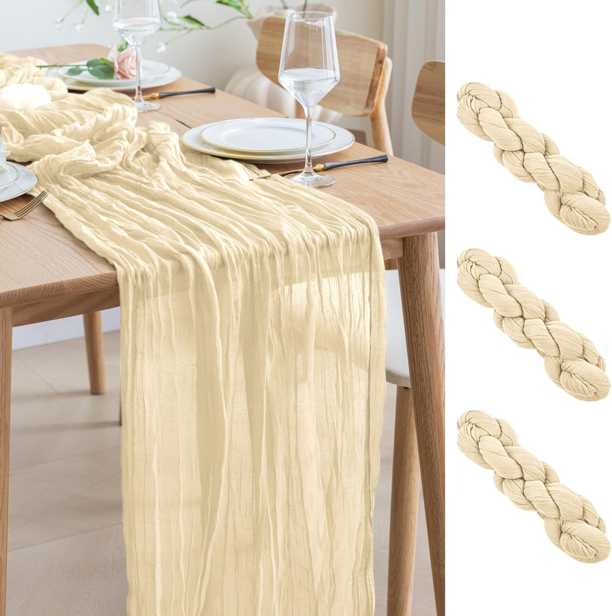 Asee'm 3pcs Cheesecloth Table Runner 120 Inches Long Beige Boho Gauze Cheese Cloth Runner 10FT