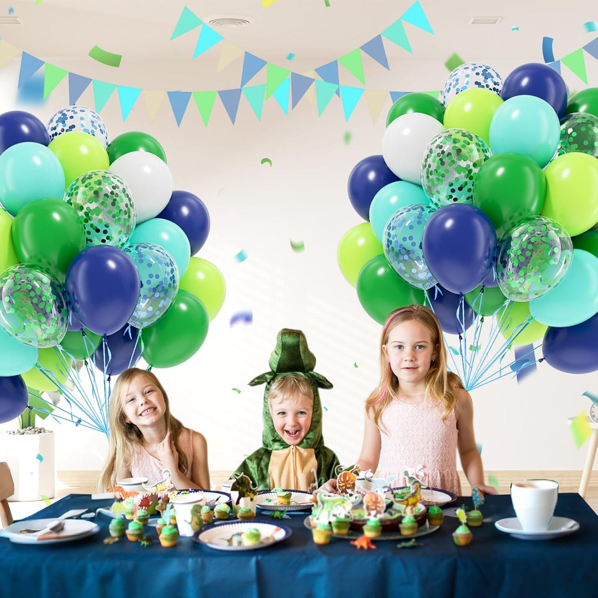 60pcs Blue and Green Balloons 12inch, Navy Blue Lime Green Teal White Confetti Balloons for