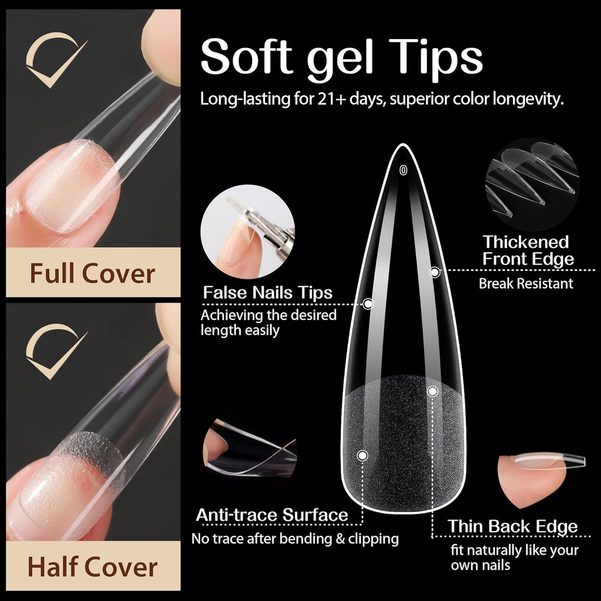 UNA GELLA Clear Stiletto Fake Nails - 216pcs Extra Long Full Cover Gel Nail Tips - 12 Sizes for