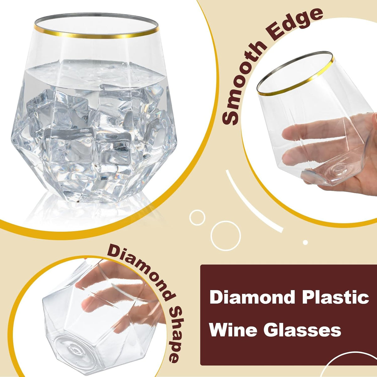 Goodluck 40 PCS Diamond Stemless Plastic Wine Whiskey Glasses, 12 Oz Disposable Cocktail Glasses