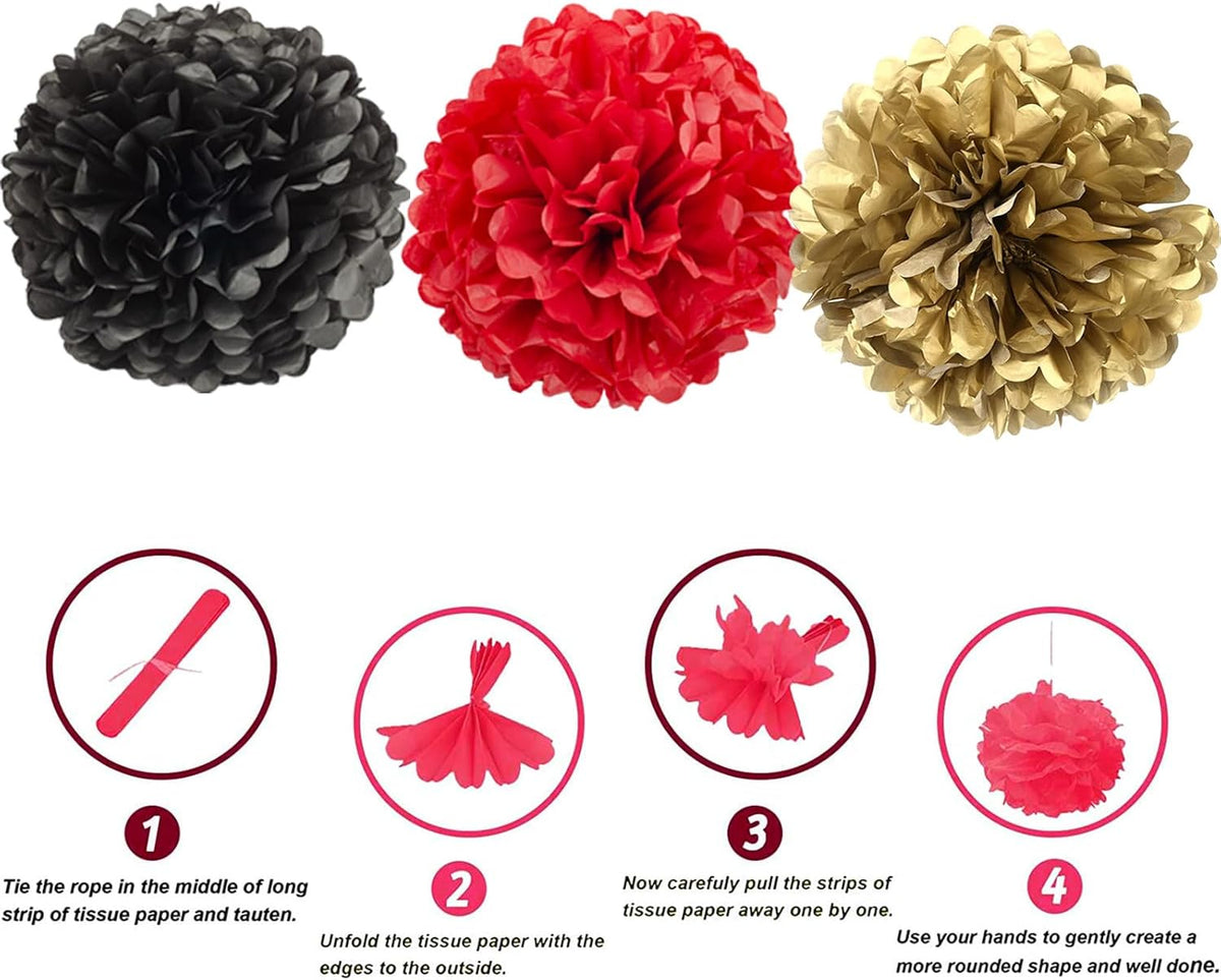 We Moment Black,Red and Gold Paper Pom Poms Decorations for Wedding Birthday Party Decoration