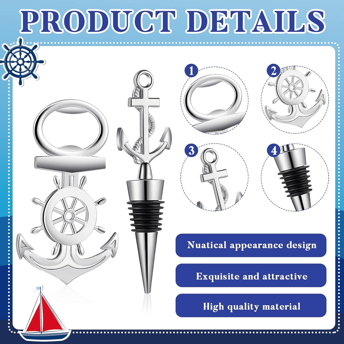 Zhehao 50 Pcs Anchor Bottle Stopper Bottle Opener Wine Bottle Stopper for Beach Nautical Themed