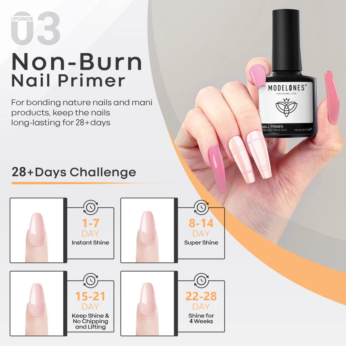 modelones Gel Top Coat and Base Coat With Nail Primer, 3 Pcs No Wipe Clear Base and Top Coat Nail