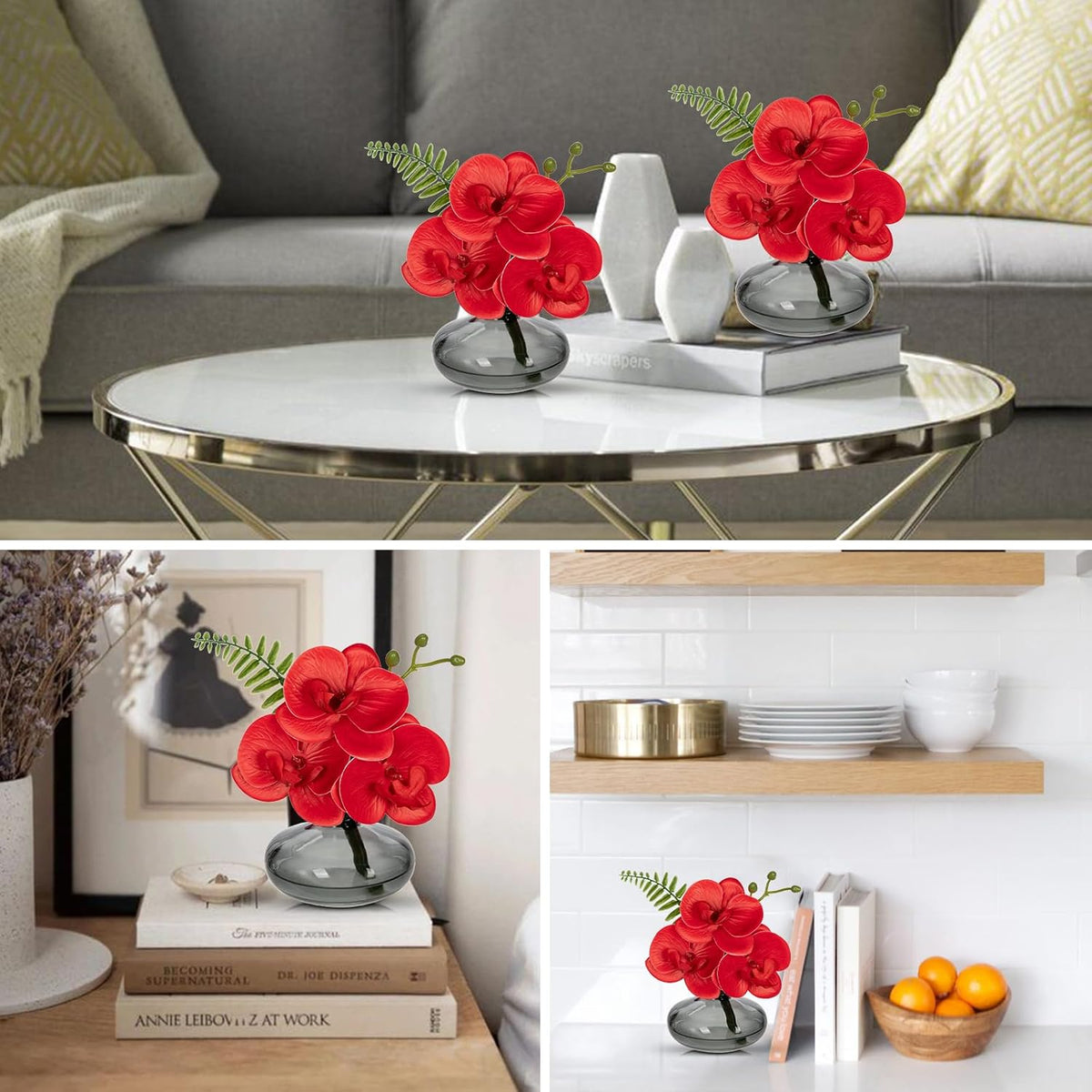 Red Orchids Artificial Flowers Faux Orchids Arrangement in Black Glass Vases Set of 3 Real Touch