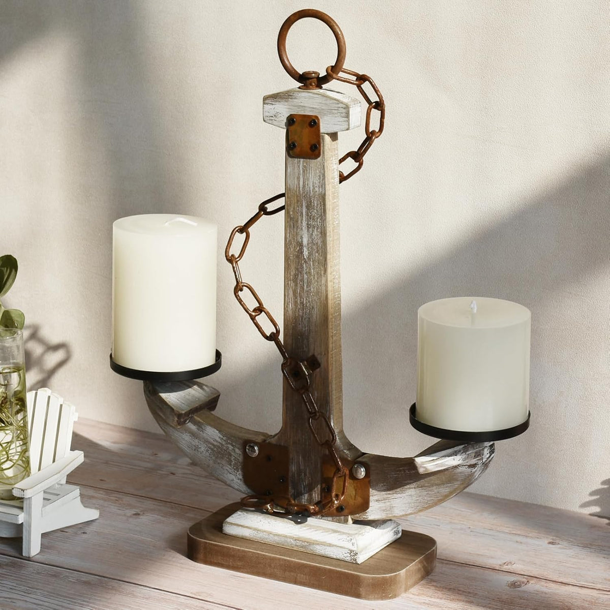 Wooden Anchor Candle Holder Coastal Decor Lake House Decor, Vintage Home Decor Candle Stand Table