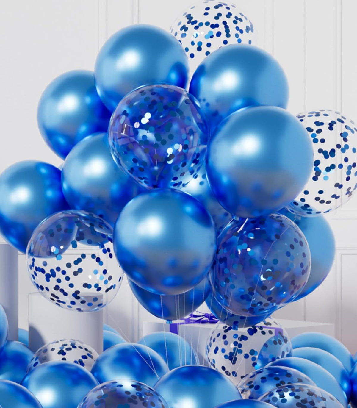AULE Party Balloons Pack of 42 - Metallic Blue Balloons and Blue Confetti Balloons With 64ft