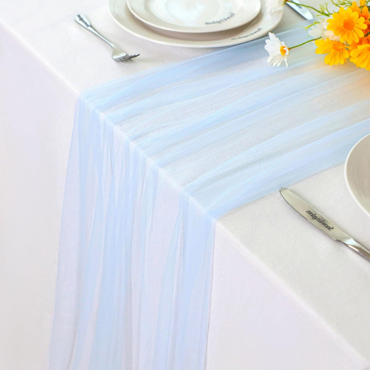 Snowkingdom Light Blue Cheesecloth Table Runner 10FT, Baby Blue Sheer Tulle Gauze Runner 120 Inch