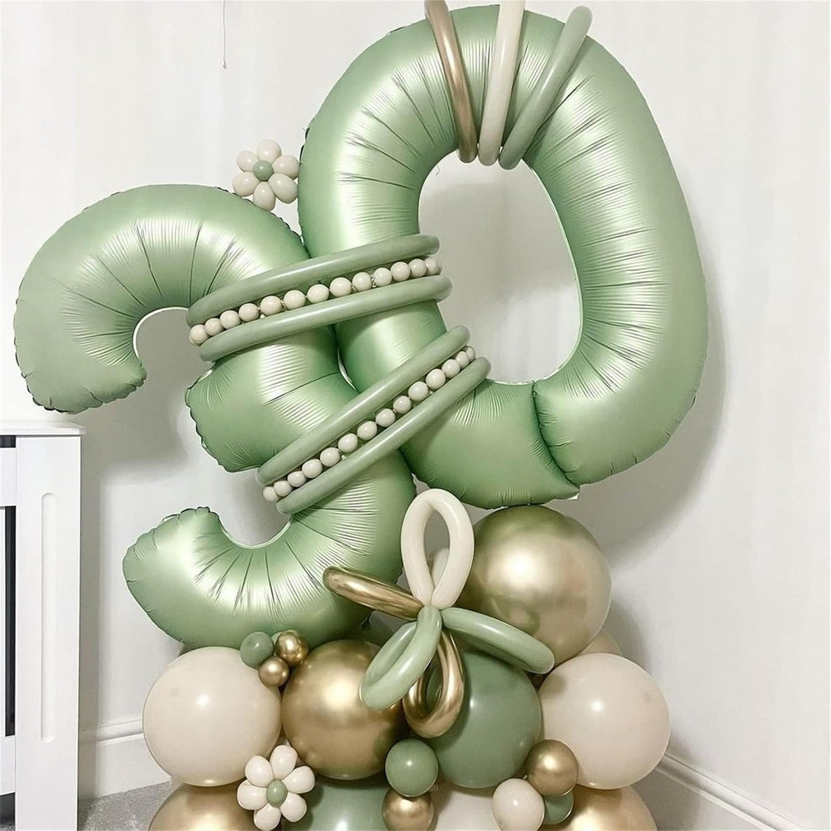 40 Inch Sage Green Foil Balloon Number 4, Large Self Inflating Olive Green Number Balloons 0-9