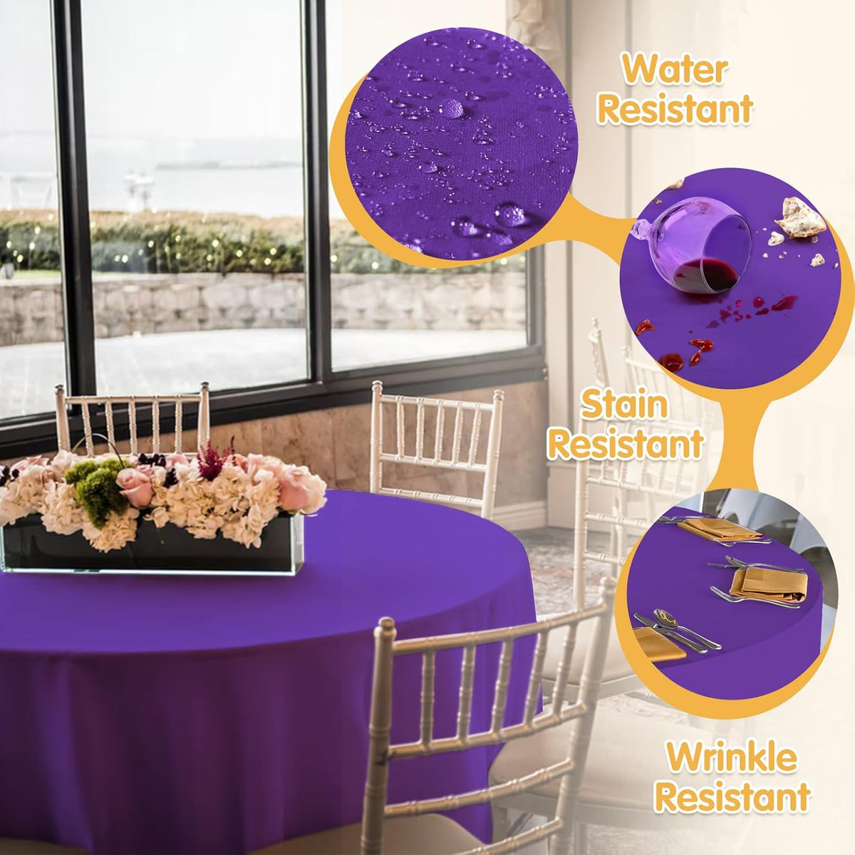 BRILLMAX 6 Pack Purple Round Tablecloths 90 Inch - Circle Bulk Linen Polyester Fabric Washable